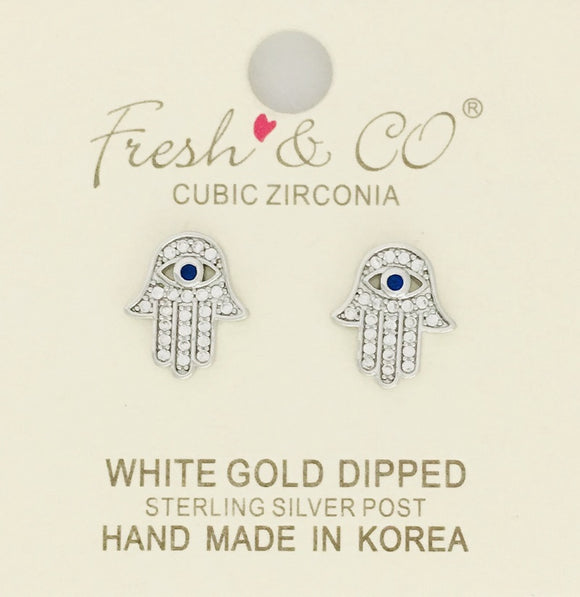 WHITE GOLD DIPPED HAMSA STUD CUBIC ZIRCONIA STERLING SILVER POST EARRINGS ( 1760 RSAP )