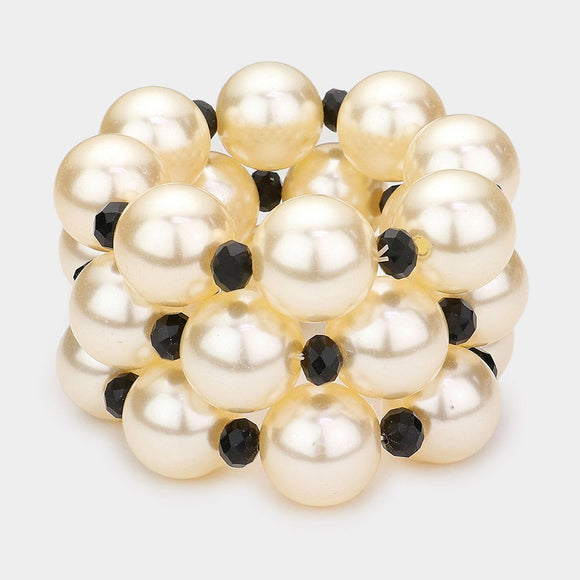 3 LAYER LARGE CREAM PEARL AND BLACK BEADED STRETCH BRACELET ( 0455 CRMBK )
