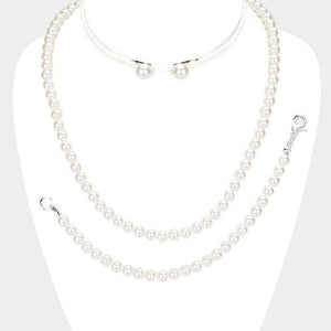 WHITE PEARL NECKLACE SET EARRINGS AND BRACELET ( 18336 WT ) - Ohmyjewelry.com