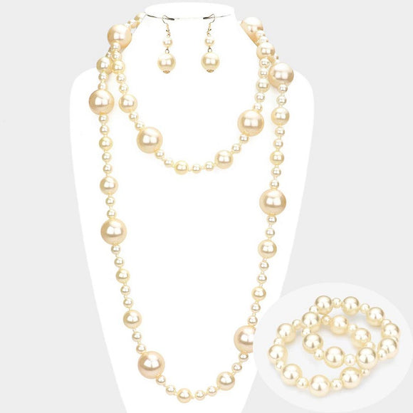 25MM LONG WRAP CREAM PEARL NECKLACE SET WITH MATCHING BRACELETS ( 2852 CRM )