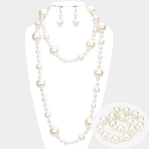 25MM LONG WRAP WHITE PEARL NECKLACE SET WITH MATCHING BRACELETS ( 2852 WHT )