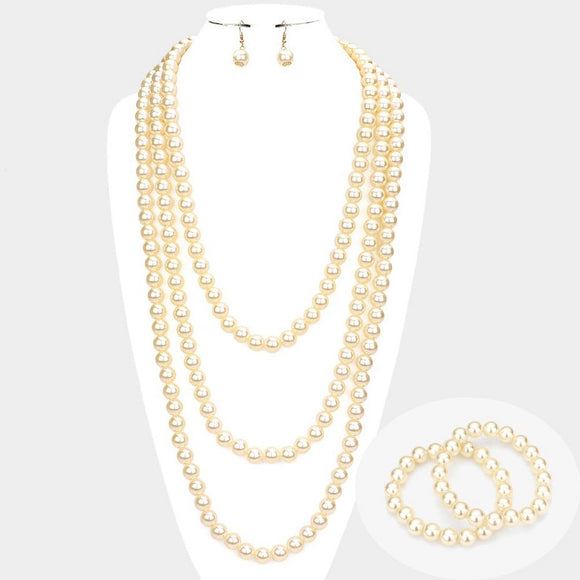 10MM LONG WRAP CREAM PEARL NECKLACE SET WITH MATCHING BRACELETS ( 2854 CRM )