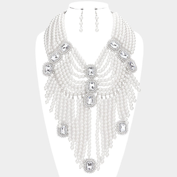 WHITE PEARL NECKLACE SET CLEAR STONES ( 3470 WHTCL )