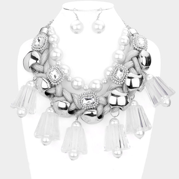 SILVER CHUNKY NECKLACE SET ( 3481 RHCL )