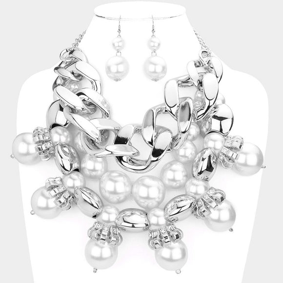 SILVER WHITE PEARL NECKLACE SET ( 3484 RHWHT )