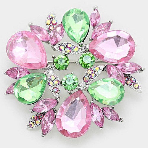 Pink and Green Rhinestone Circular Brooch ( 1124 )