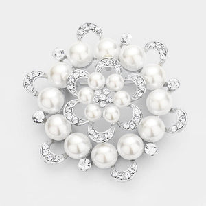 3" Silver Rhinestone and White Pearl Round Brooch ( 1328 )