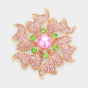 3.25" Gold Pink and Green Rhinestone with Pink Pearl Flower Brooch ( 1331 )