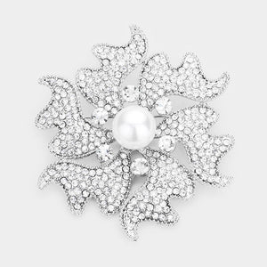 3.25" Silver and Clear Rhinestone with White Pearl Flower Brooch ( 1331 )