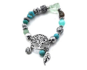 Turquoise and Silver Beaded Stretch Bracelet with Wishing Tree Charm ( 5076 )