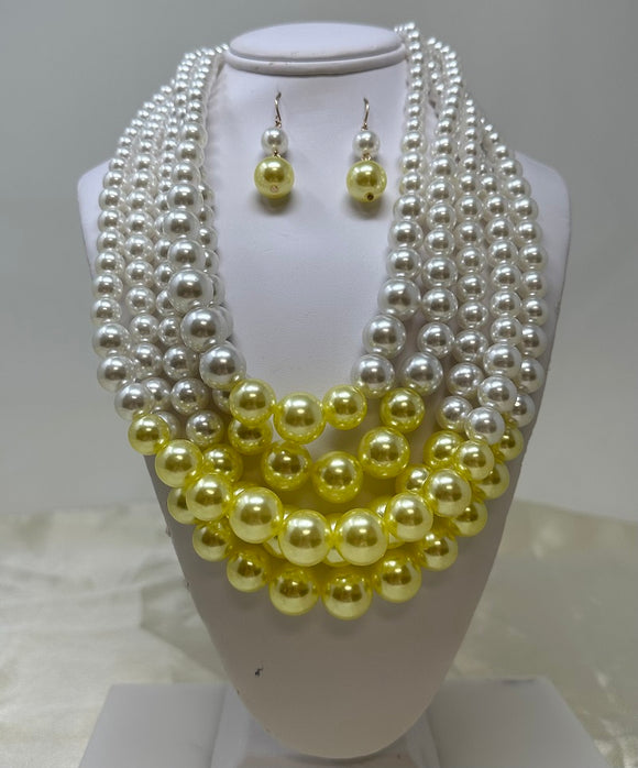 WHITE YELLOW 5 Layer Pearl Necklace Set Gold Hardware ( 10551 2GYLL )