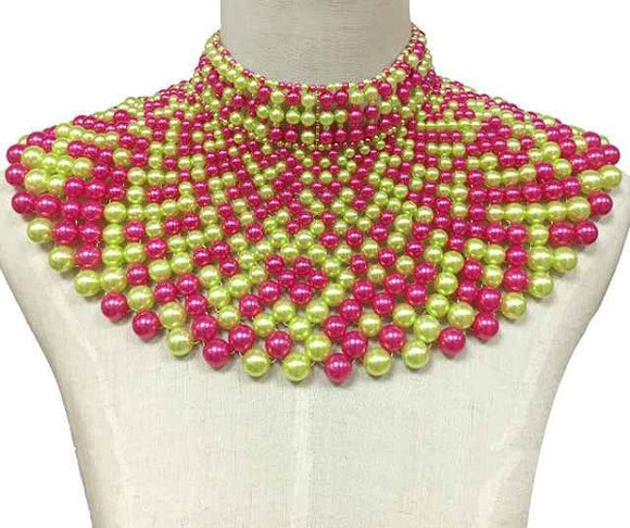 Pink and Green Statement Pearl Collar Necklace with Earrings