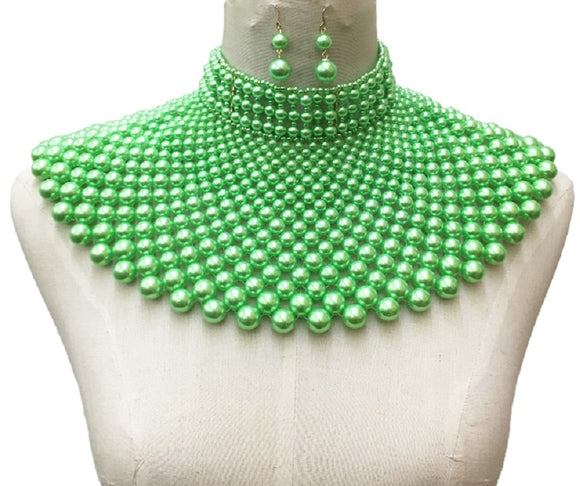 Green Statement Pearl Collar Necklace with Earrings ( 10550 )