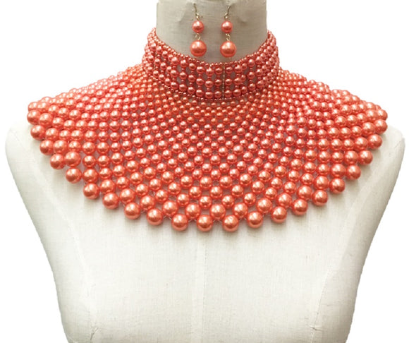 Coral Color Statement Pearl Collar Necklace with Earrings ( 10550 )