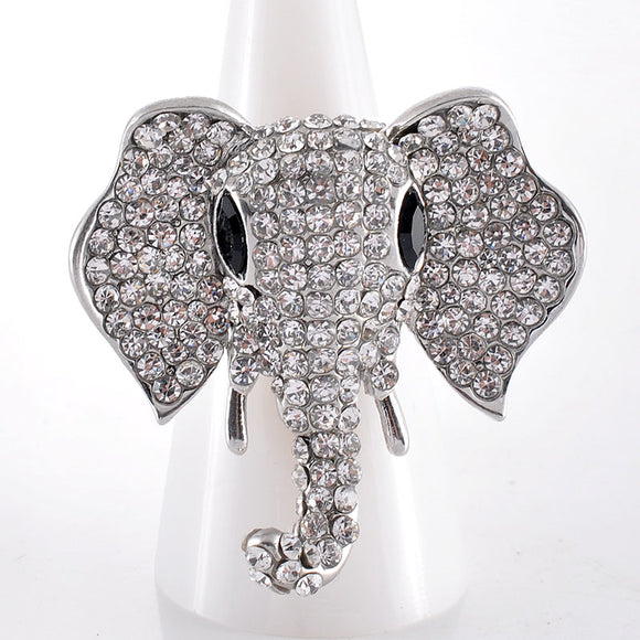SILVER ELEPHANT HEAD STRETCH RING CLEAR STONES ( 1282 SCL )