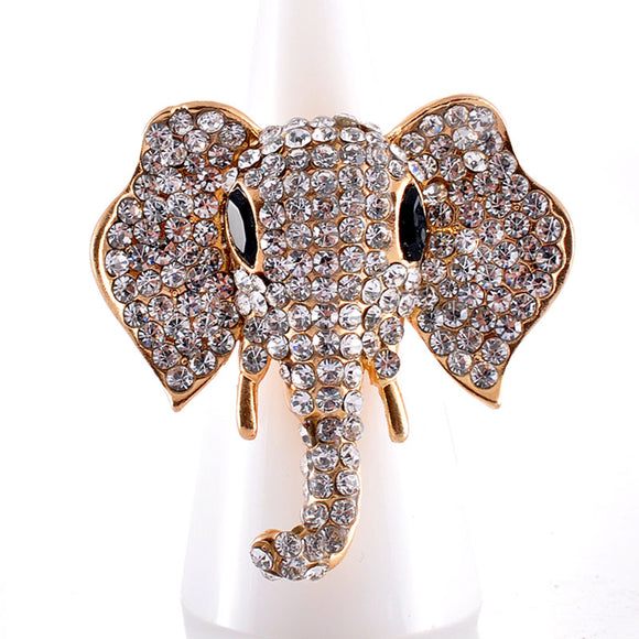 GOLD ELEPHANT HEAD STRETCH RING CLEAR STONES ( 1282 GCL )