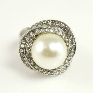 .8" White Pearl with Clear Rhinestone Silver Stretch Ring ( 2075 ) - Ohmyjewelry.com
