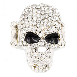 SILVER SKULL STRETCH RING CLEAR STONES ( 2257 SVCL )