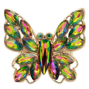 GOLD BUTTERFLY STRETCH RING VITRAIL OIL SPILL STONES ( 2414 GRAB )