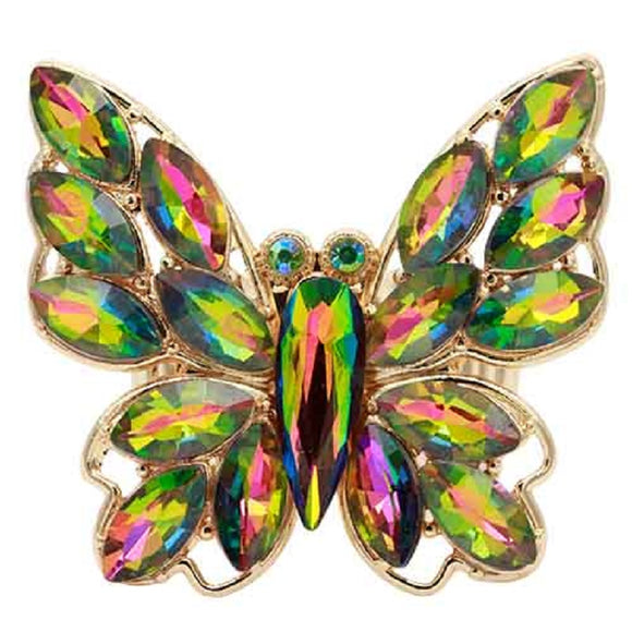 GOLD BUTTERFLY STRETCH RING VITRAIL OIL SPILL STONES ( 2414 GRAB )