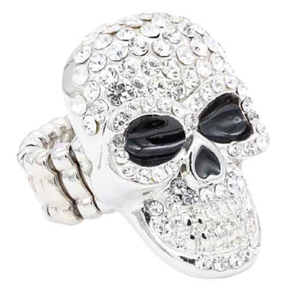SILVER STRETCH RING SKULL CLEAR STONES ( 2711 SVCL )