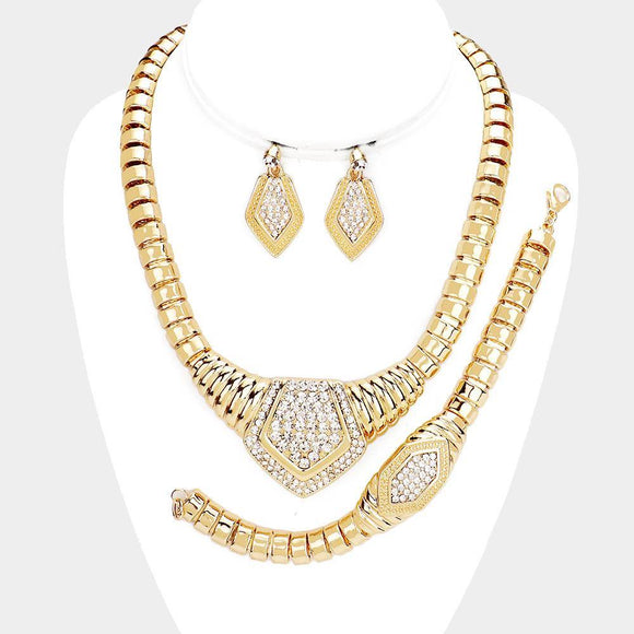 3 Piece GOLD with Clear Rhinestone Necklace Set ( 18476 G ) - Ohmyjewelry.com