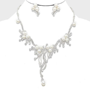 SILVER NECKLACE WITH RHINESTONES AND PEARLS AND MATCHING EARRINGS ( 9041 ) - Ohmyjewelry.com