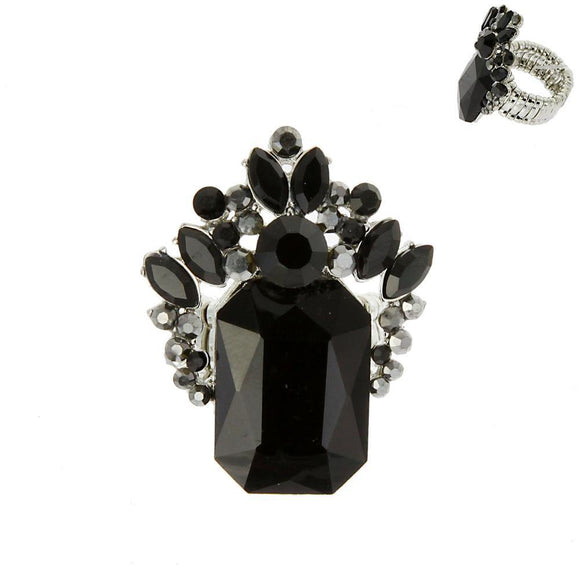 SILVER STRETCH RING BLACK STONES ( 130 ) - Ohmyjewelry.com