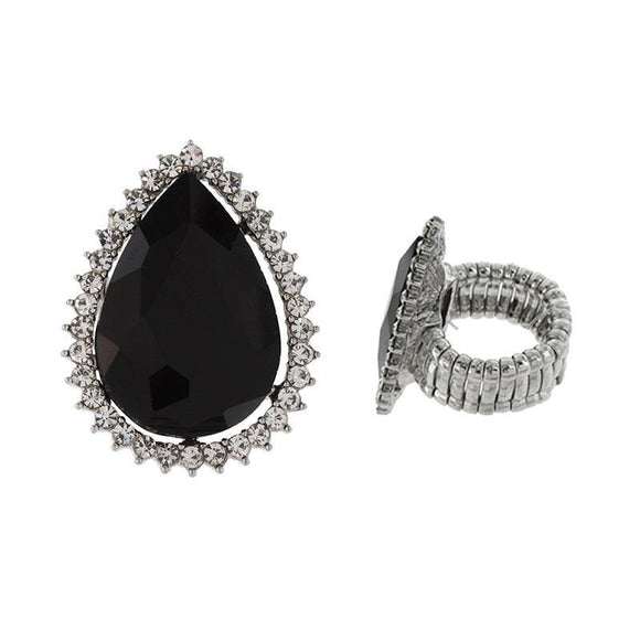 SILVER STRETCH RING BLACK STONES ( 132 RJT ) - Ohmyjewelry.com