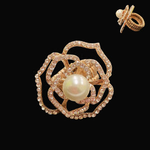 GOLD FLOWER STRETCH RING CLEAR STONES CREAM PEARL(RQ 136GCR)