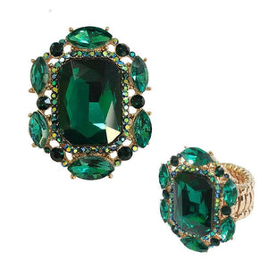 1.25" Gold Green Rectangular Shape Rhinestone Stretch Ring ( 159 ) - Ohmyjewelry.com