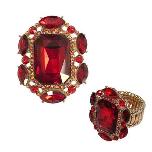 1.25" Gold Red Rectangular Shape Rhinestone Stretch Ring ( 159 ) - Ohmyjewelry.com