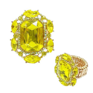 1.25" GOLD YELLOW Rectangular Shape Rhinestone Stretch Ring ( 159 GYE )