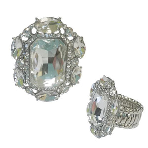 1.25" Silver Clear Rectangular Shape Rhinestone Stretch Ring ( 159 ) - Ohmyjewelry.com