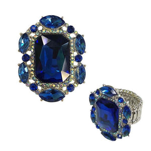 1.25" Silver Blue Rectangular Shape Rhinestone Stretch Ring ( 159 ) - Ohmyjewelry.com