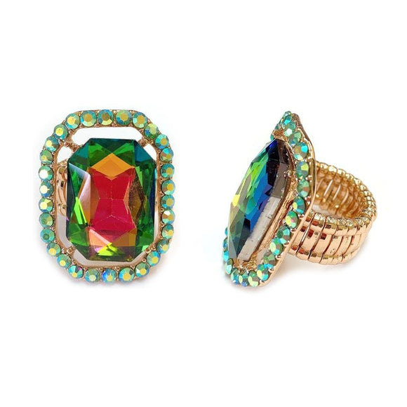 GOLD STRETCH RING GREEN AB STONES ( 168 ) - Ohmyjewelry.com