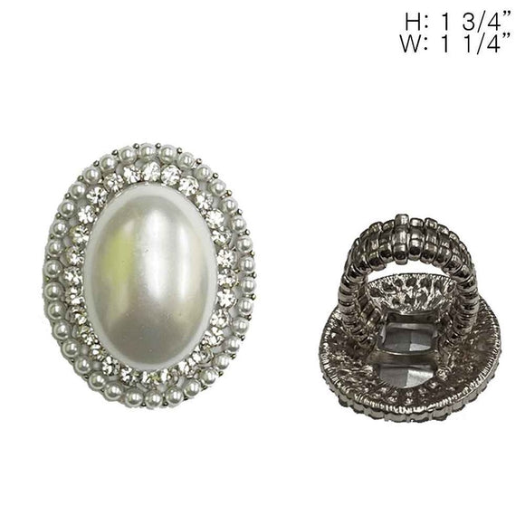 SILVER STRETCH RING WHITE PEARL CLEAR STONES ( 194 RWH )