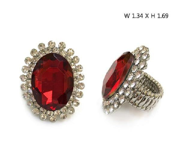 Large Oval Red Stone and Clear Rhinestone Stretch Ring ( 555 ) - Ohmyjewelry.com