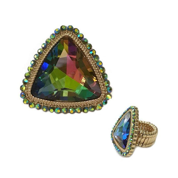 GOLD TRIANGLE STRETCH RING PEACOCK GREEN STONES ( 55 ) - Ohmyjewelry.com