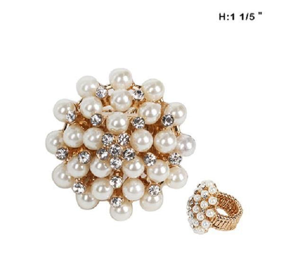 Cream Pearl and Clear Rhinestone Cluster Gold Stretch Ring ( 5 ) - Ohmyjewelry.com