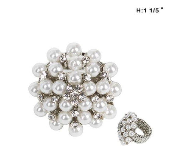 White Pearl and Clear Rhinestone Cluster Stretch Ring ( 5 ) - Ohmyjewelry.com