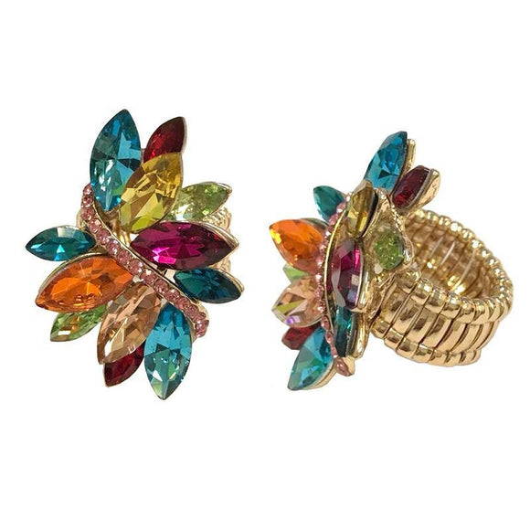 Gold Stretch Ring with Multicolor Rhinestones ( 70 ) - Ohmyjewelry.com