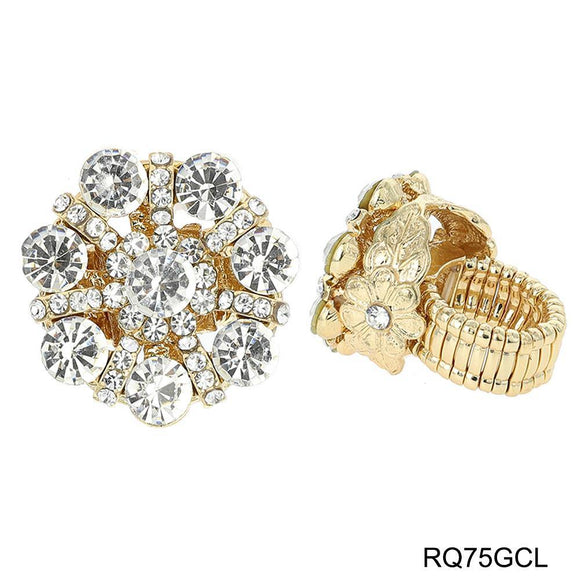 GOLD STRETCH RING WITH CLEAR STONES FLOWER DESIGN ( 75 ) - Ohmyjewelry.com