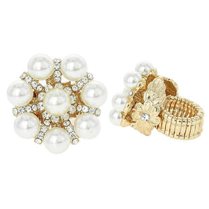 GOLD STRETCH RING WITH CLEAR STONES CREAM PEARL FLOWER DESIGN ( 75 ) - Ohmyjewelry.com