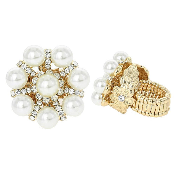 GOLD STRETCH RING WITH CLEAR STONES CREAM PEARL FLOWER DESIGN ( 75 ) - Ohmyjewelry.com