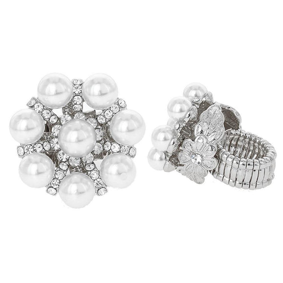 SILVER STRETCH RING WITH CLEAR WHITE PEARLS STONES FLOWER DESIGN ( 75 ) - Ohmyjewelry.com