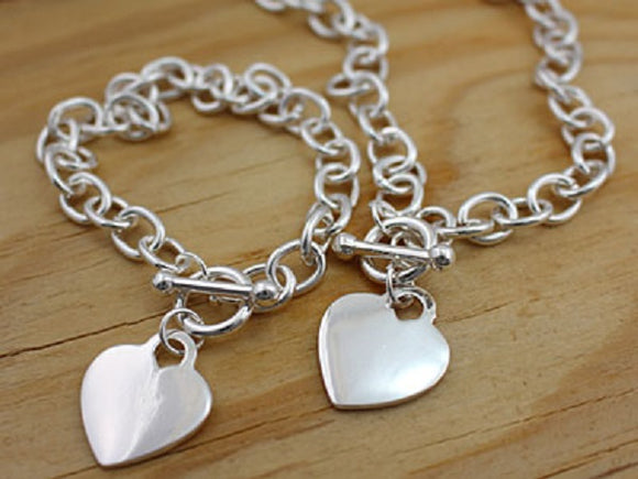 2 Piece Silver Toggle Necklace with Dangling Heart Charm and Matching Bracelet ( 72124 )