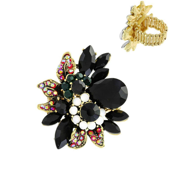 ANTIQUE GOLD BLACK FLOWER STRETCH RING ( 11212 AGBK ) - Ohmyjewelry.com