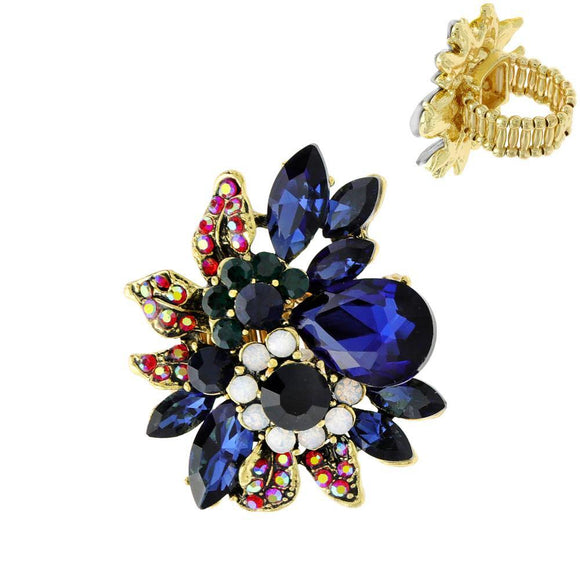 ANTIQUE GOLD NAVY BLUE GREEN RED FLOWER STRETCH RING ( 11212 AGNV ) - Ohmyjewelry.com