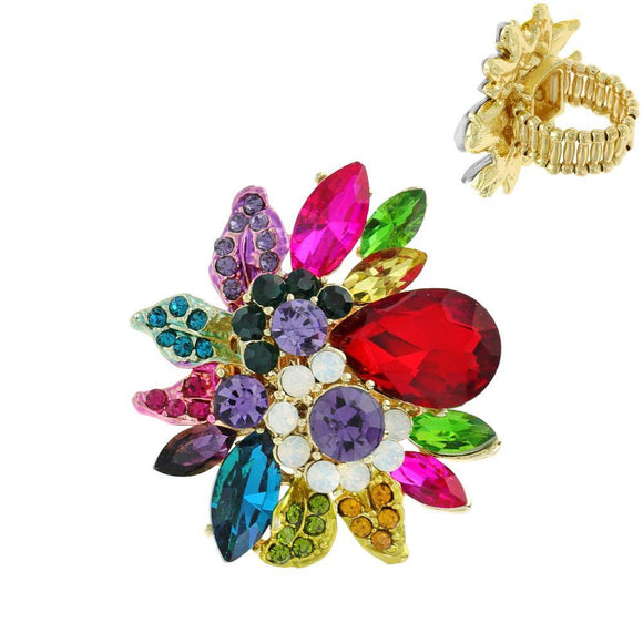 GOLD MULTI COLOR FLOWER STRETCH RING ( 11212 GMU ) - Ohmyjewelry.com